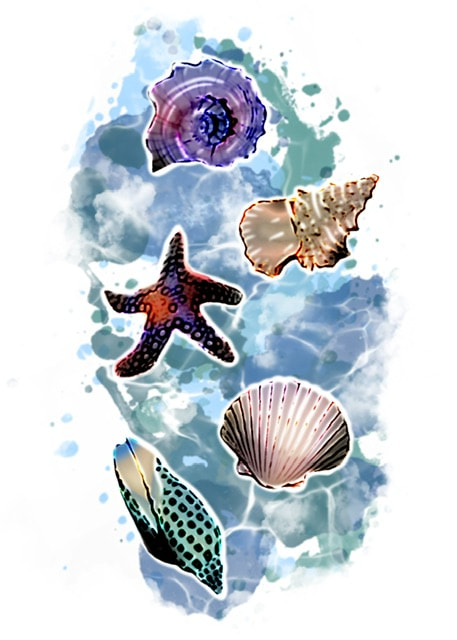 Watercolor seashells with water background, forearm tattoo design.