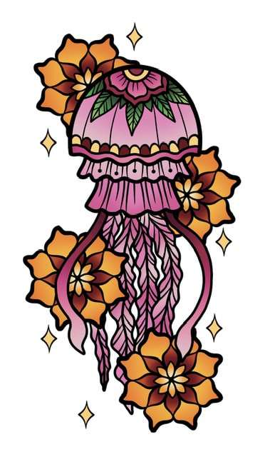 Pink jellyfish with orange floral accents,