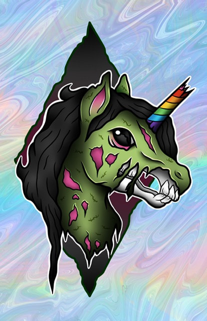 Neo traditional tattoo design of a zombie unicorn with a rainbow horn for sale.