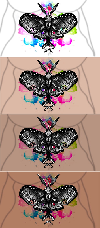 Black and Grey moth with neon watercolor background.