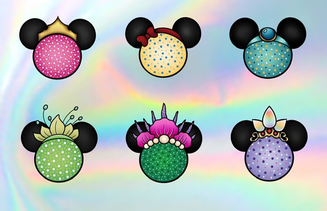 Mickey mouse ears dressed as Disney princesses with their tiaras. Neo traditional glitter pop tattoo designs for sale.
