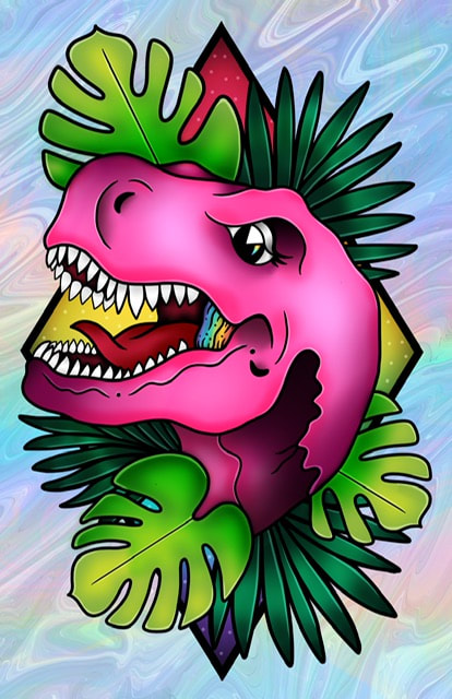Pink tyrannosaurus rex neotraditional premade tattoo design for sale.
