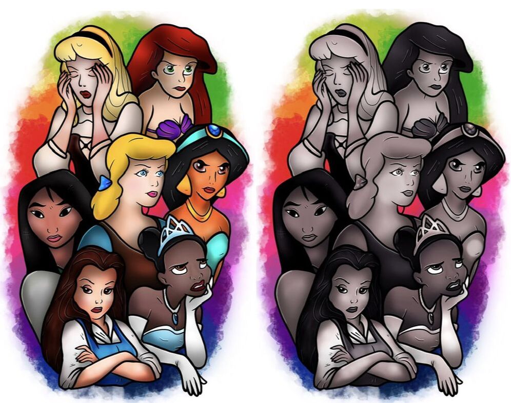 Disney Princesses with frustrated looks, featuring Mulan, Aurora, Tiana, Belle, Cinderella, Ariel, and Jasmin