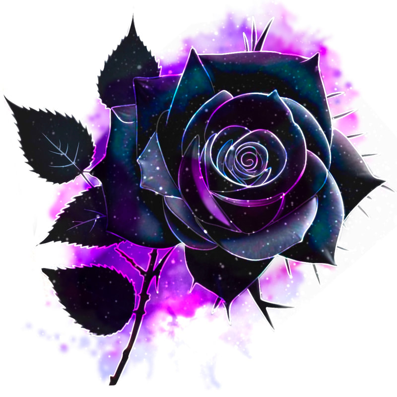 Black galaxy rose tattoo with purple and pink watercolor.