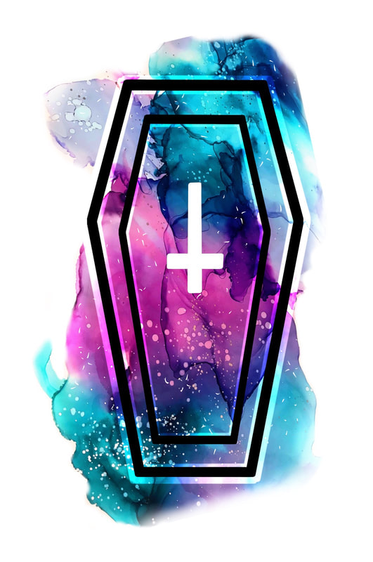 Coffin tattoo design with teal, purple, and fuchsia galaxy watercolor background. Halloween tattoo flash for sale.