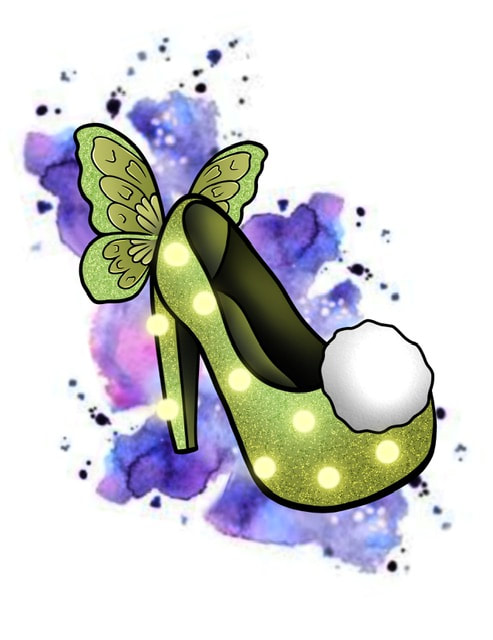 Peter Pan's Tinkerbell heel with purple watercolor background tattoo design for sale.