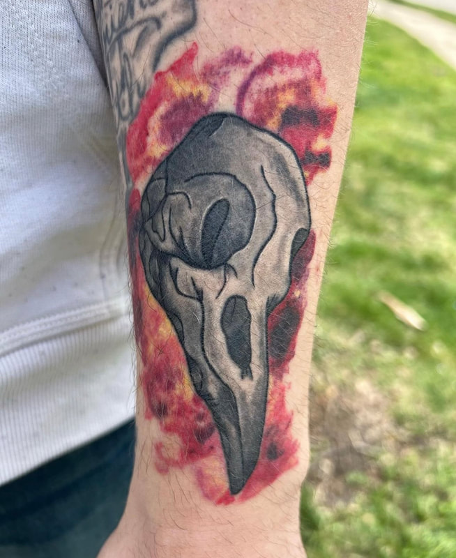 Black and grey neo traditional crow skull with red flame watercolor on a man's forearm.