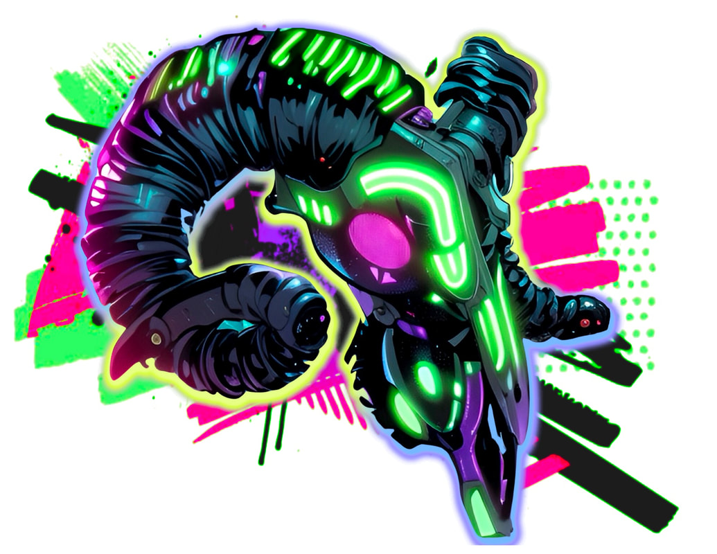Cyber pink ram skull neon tattoo.