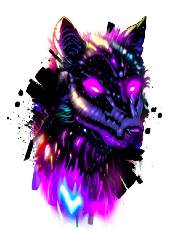 Cyber punk rainbow wolf head tattoo design.