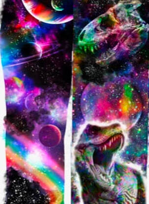 Two rainbow forearm tattoo designs with T-Rex, skull, rainbow, planets, moon, and space.