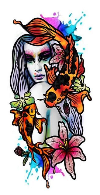 Neo color realism watercolor blend tattoo design for sale. Features a lady's face with rainbow makeup, koi fish and flower embellishments.