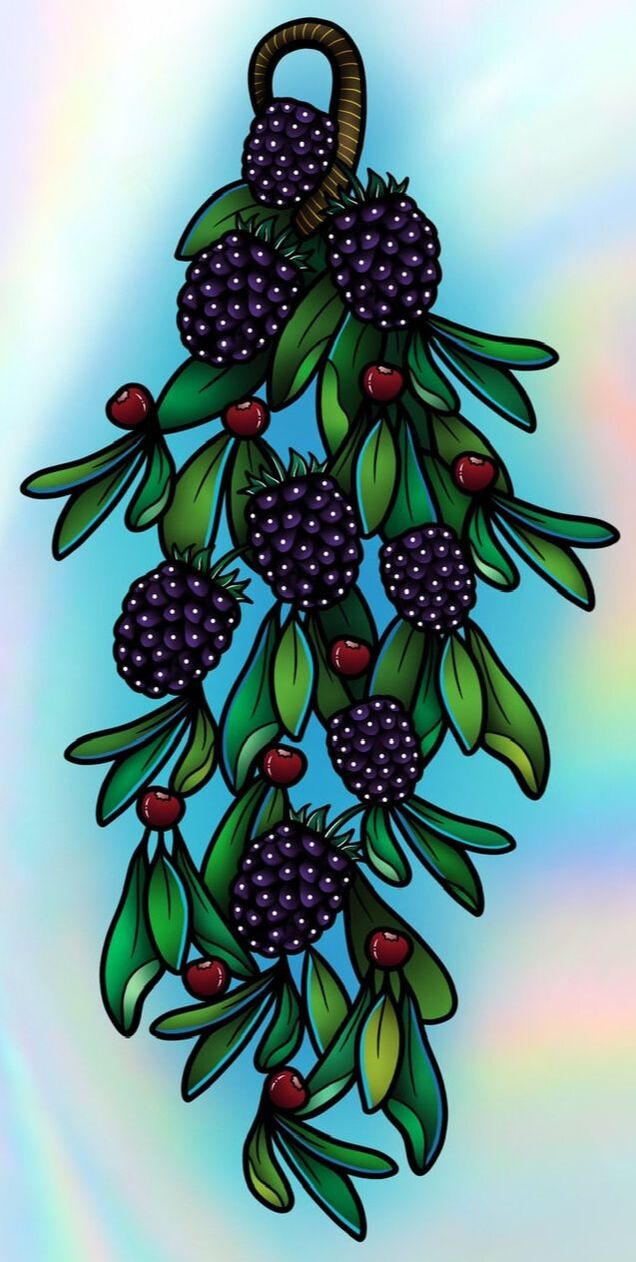 Black berries and Christmas holly wreath forearm tattoo design.