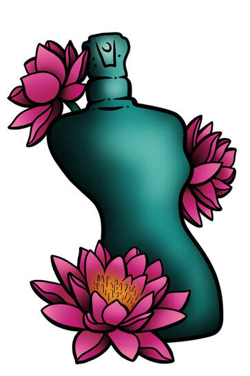 Floral perfume bottle tattoo design