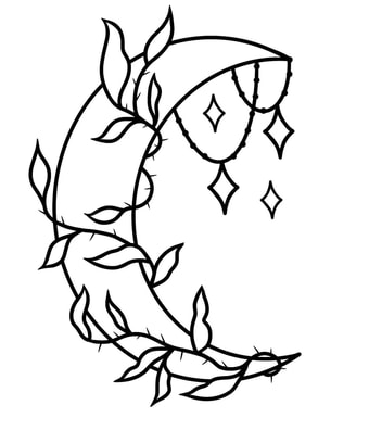 Linework tattoo design of a crecent moon with vines and glitter.