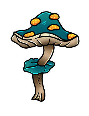 Blue mushroom with orange polka dots.