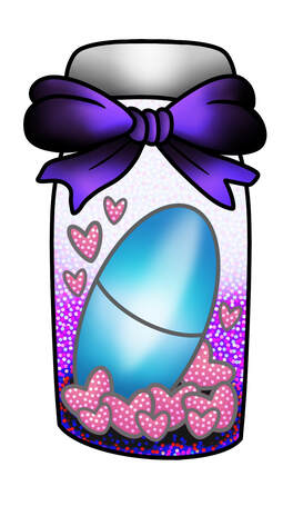 Blue pill in a glass bottle with purple glitter and a purple bow. Neotraditional tattoo design for sale.