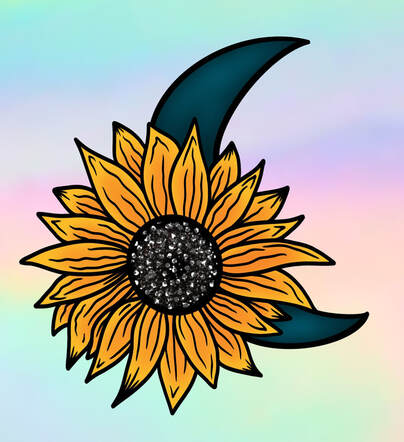 Dark teal crescent moon with a yellow sunflower.