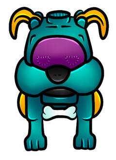 Robot dog McDonald’s tattoo design for sale in teal and mustard yellow.