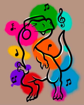 T-Rex dancing to music with rainbow watercolor.