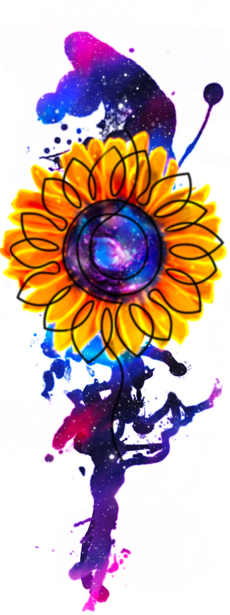 Single line sunflower galaxy tattoo design by Tyranicorn.