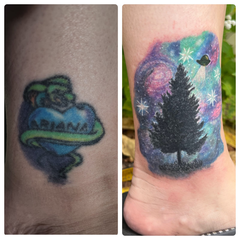 Pink, purple, blue, and green galaxy tattoo cover up on a lower leg.