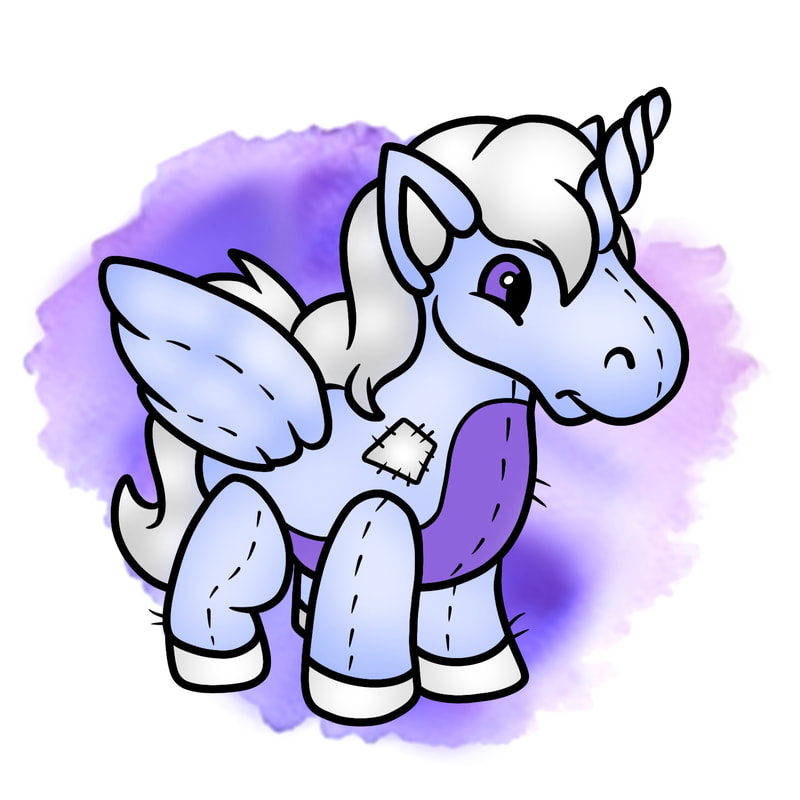 Purple uni Neopets plushie with watercolor background.