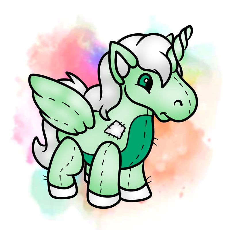 Mint uni Neopets plushie with watercolor background.