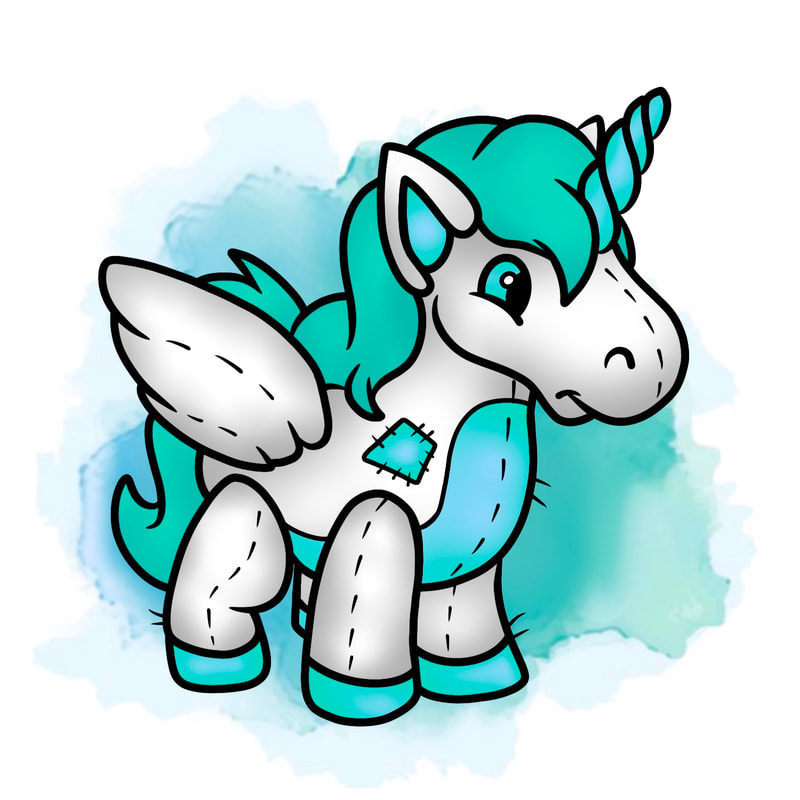Teal uni Neopets plushie with watercolor background.