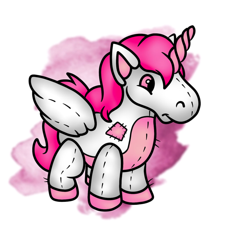 Pink uni Neopets plushie with watercolor background.
