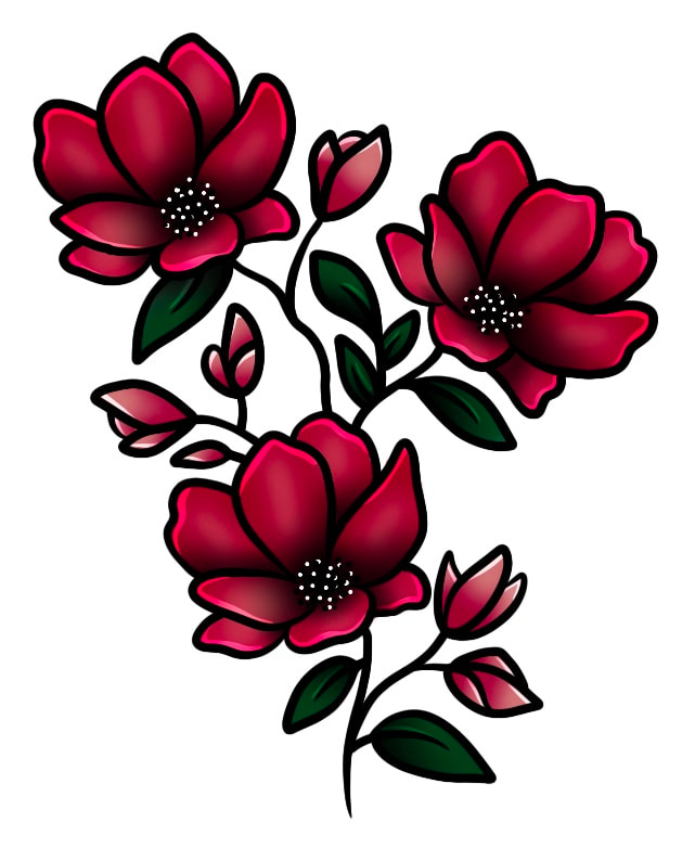 Red flowers with black middle and white glitter.