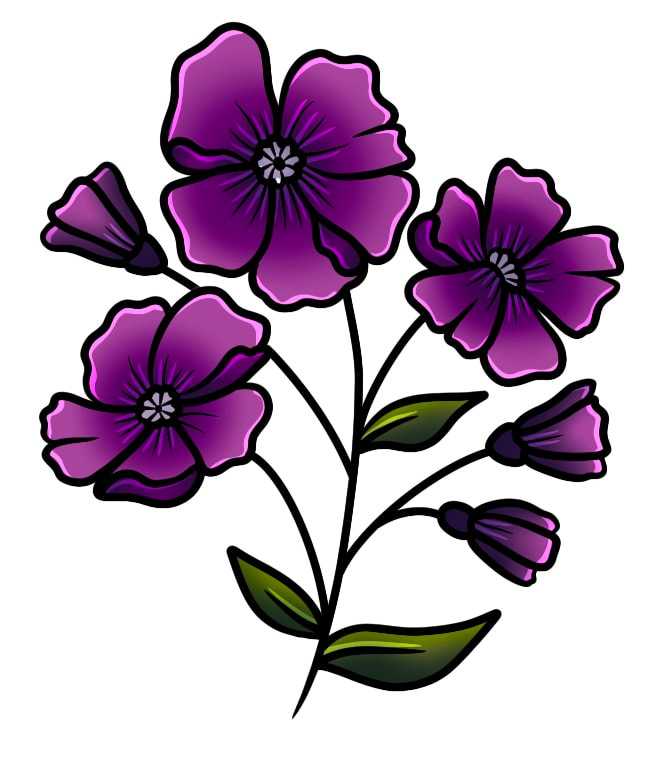 Purple flowers with green leaves.