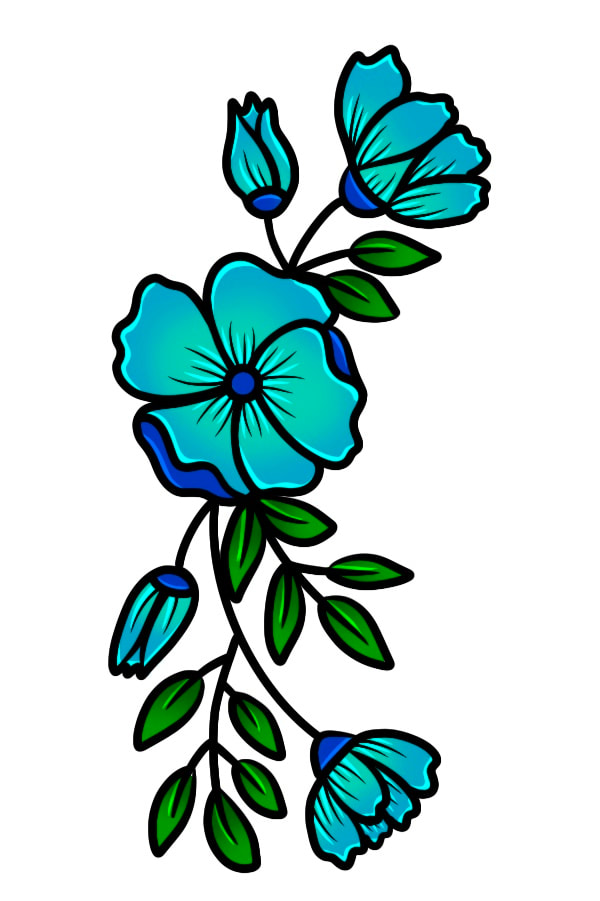 Blue flowers with green leaves.
