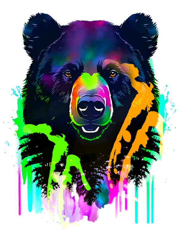 Neon watercolor black bear tattoo design.