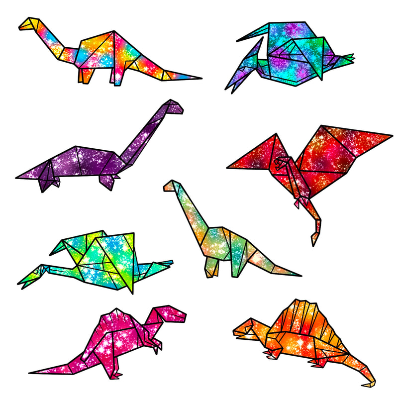 Dinosaur glitter origami tattoos by Tyranicorn.
