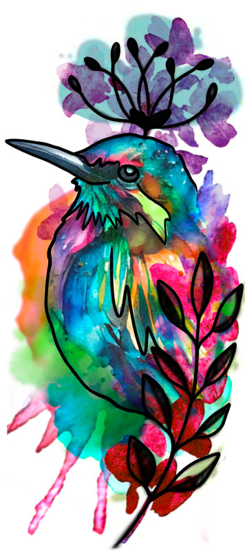 Watercolor humming bird with flowers.