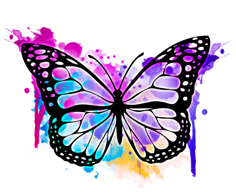 Pink purple blue and yellow watercolor butterfly tattoo.