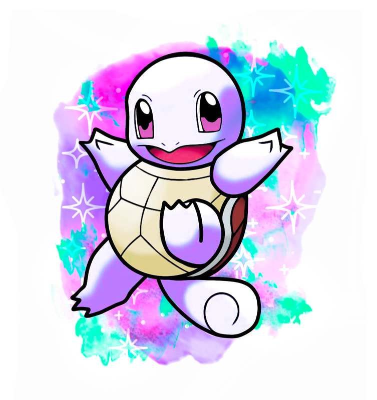 Squirtle jumping with purple and teal watercolor.