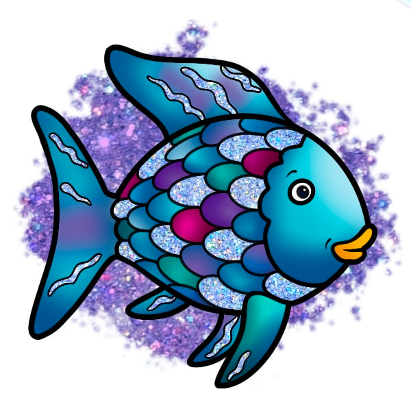 Glittery watercolor rainbow fish tattoo design.