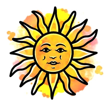 Yellow sun with face and watercolor background.