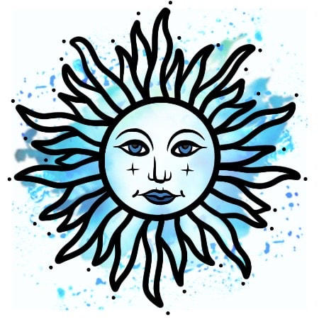 Blue sun with face and watercolor background.
