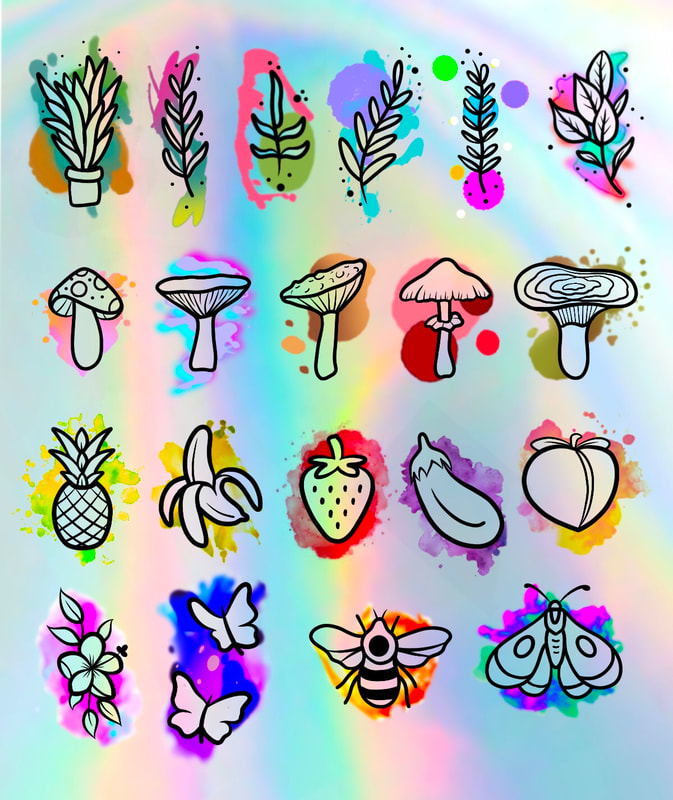 Plant, mushroom, fruit, and insect flash with watercolor splashes.