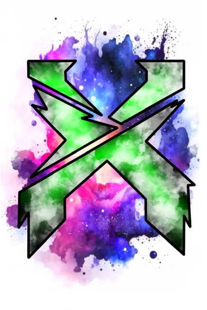 Green Excision X with pink, purple, and blue galaxy background. EDM tattoo design for sale.