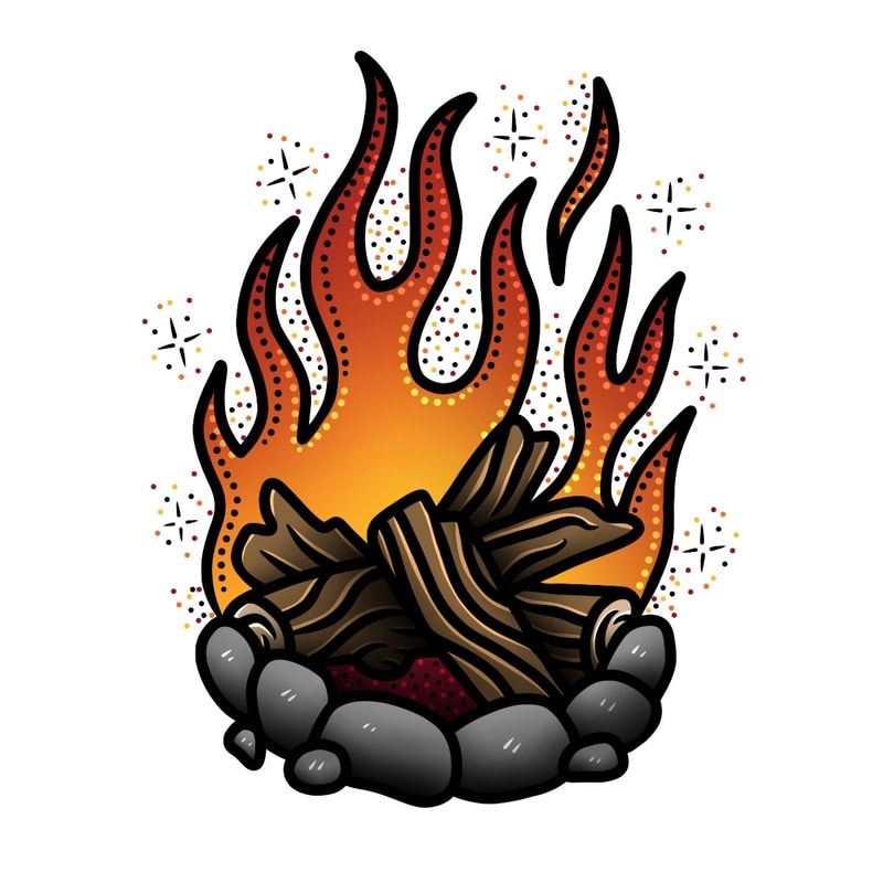 Neotraditional glitter pop tattoo design of a campfire