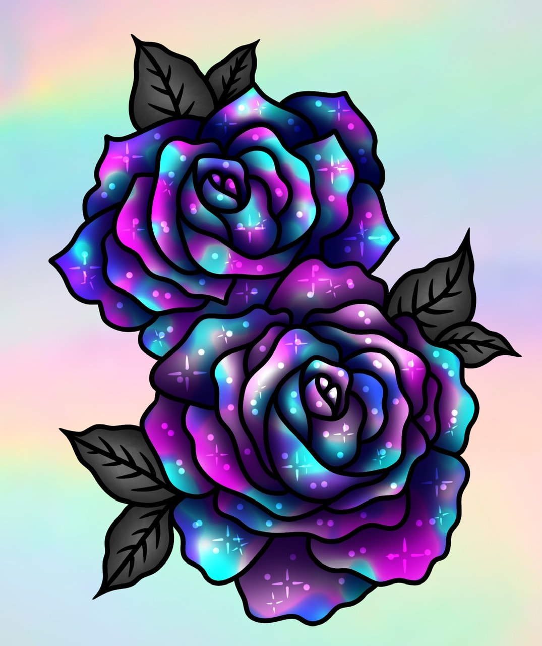 Purple and blue galactic roses tattoo design.
