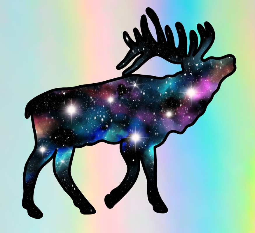 Moose outline with rainbow galaxy inside. Tattoo design for sale.