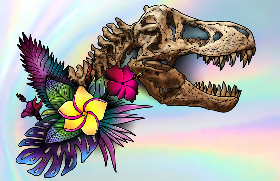 T-Rex skull with neon tropical flowers neo realism tattoo design for sale.