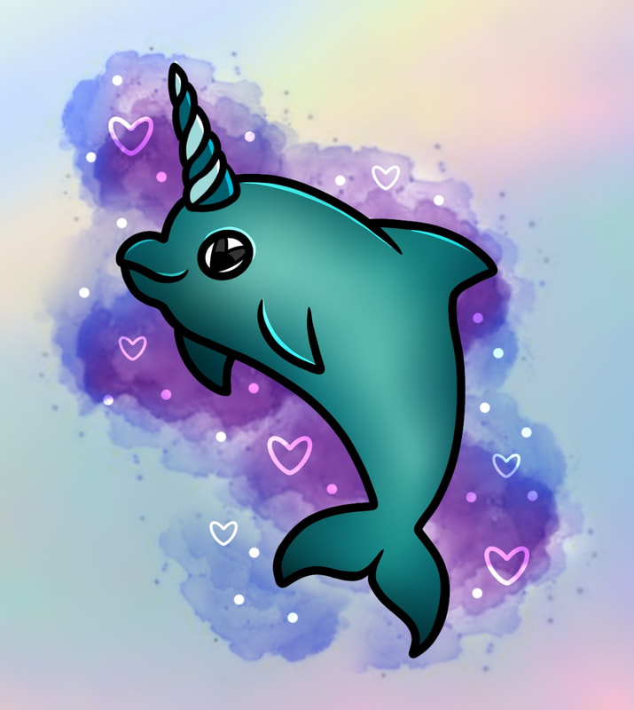 Purple and teal unicorn dolphin neo watercolor tattoo design for sale.