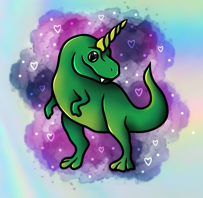 Green T-Rex with purple watercolor background tattoo design for sale.