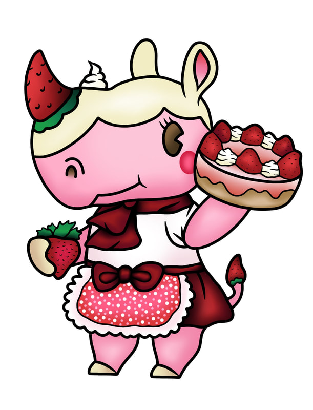 Animal Crossing Merengue holding strawberry short cake