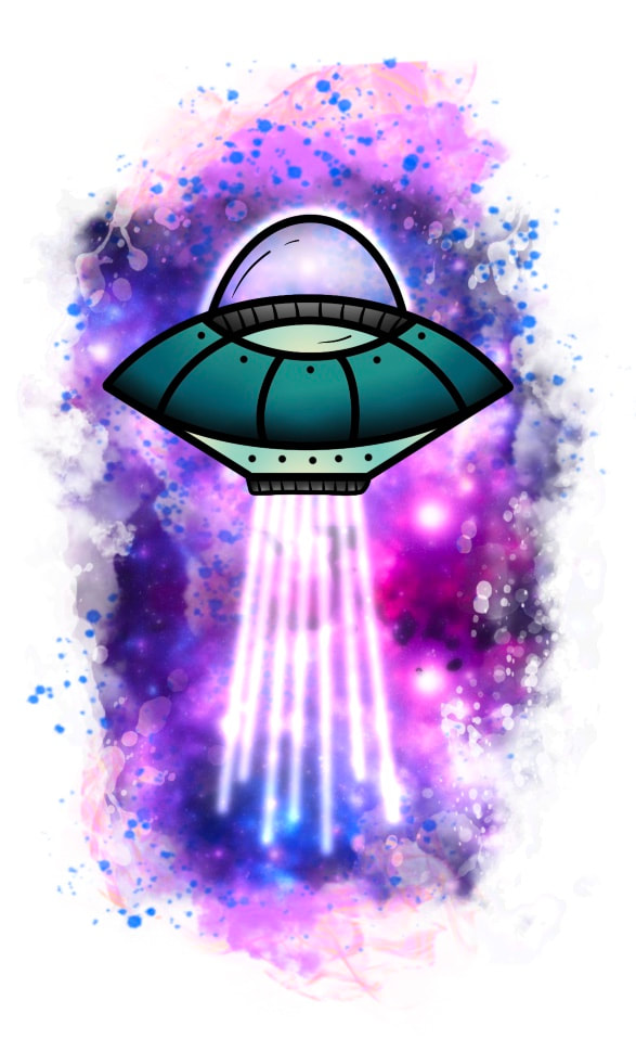 Teal UFO with white lights and a purple galaxy background. Extraterrestrial tattoo design for sale.